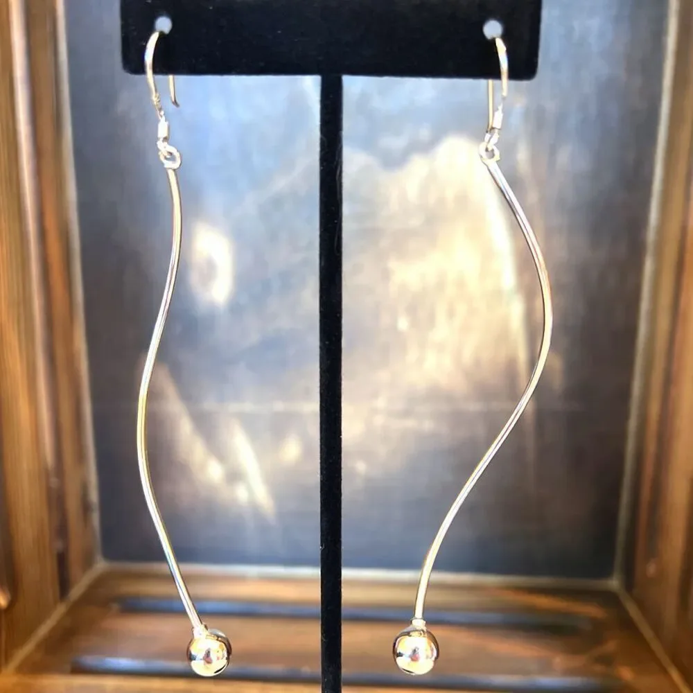 Minimalist silver plated drop earrings with wave and ball